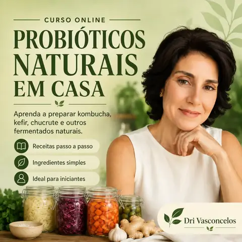 Dri Vasconcelos ao lado de potes de vidro com fermentados naturais, como chucrute e cenoura, em cozinha clara