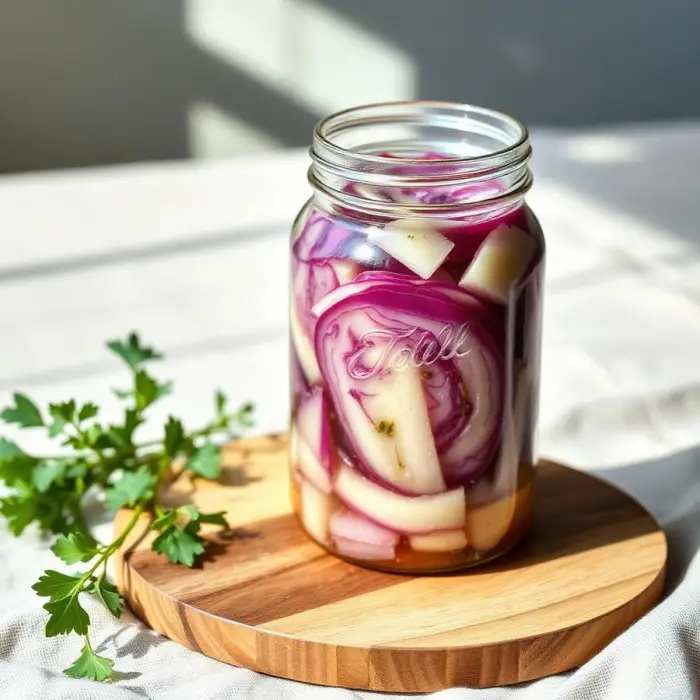 Pote de vidro com chucrute de repolho roxo sobre tábua de madeira, com luz natural