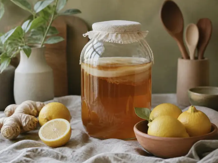 Pote de kombucha com SCOBY, limões e gengibre sobre mesa com toalha de linho