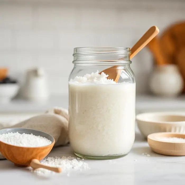 Grãos de kefir de leite em pote de vidro com colher de madeira em cozinha clara