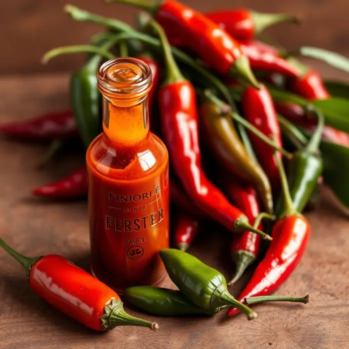 Garrafinha de molho de pimenta fermentado ao lado de pimentas vermelhas frescas