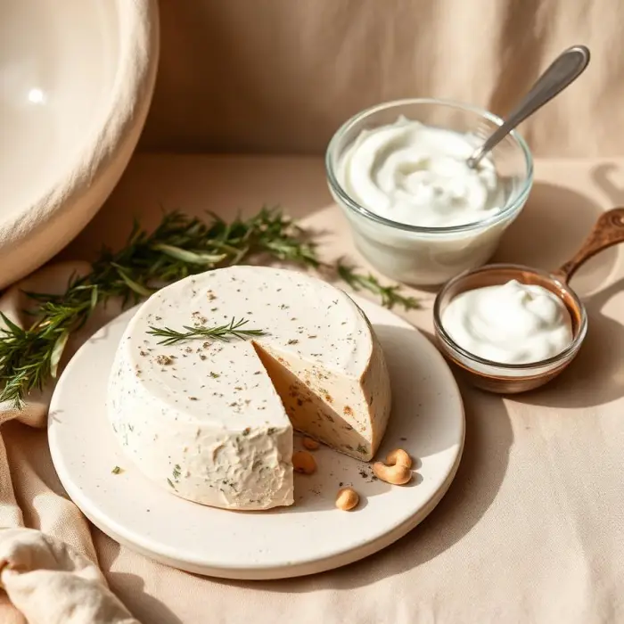 Queijo de castanhas cortado em prato de cerâmica ao lado de iogurte de coco cremoso